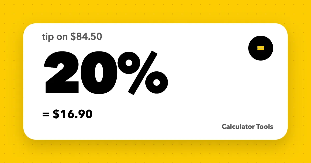 A large 20% on a white card over a yellow background, showing a tip of $16.90 on an $84.50 bill